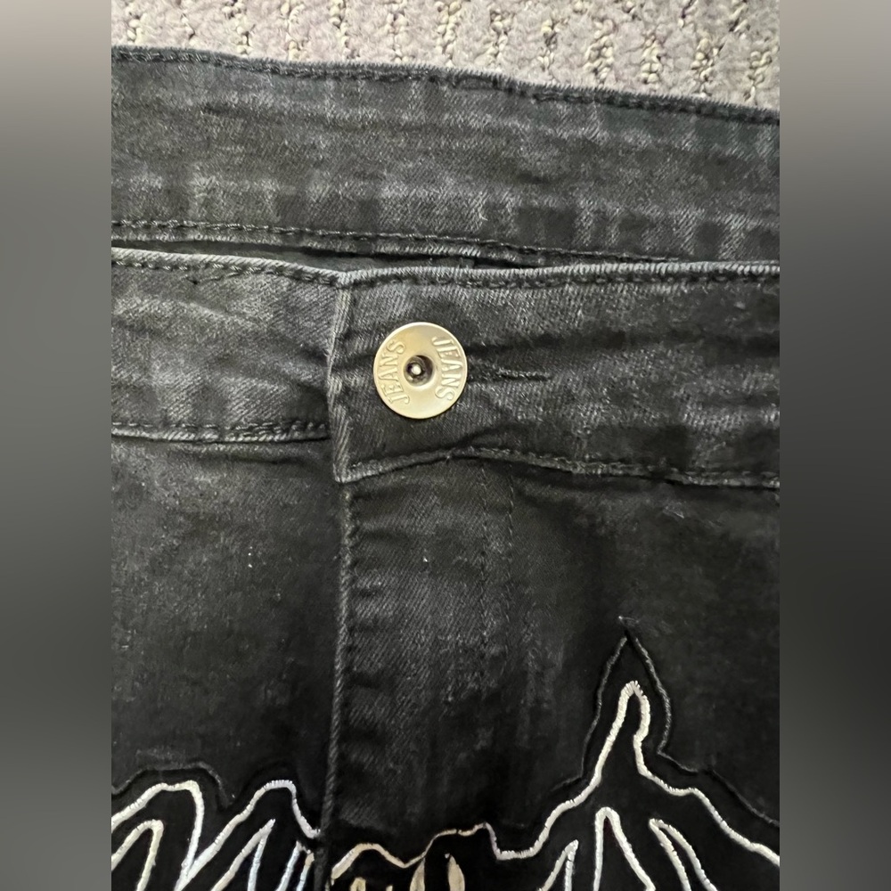 Black Rockstar Distressed Baggy Denim Men’s Jeans with Star Patches Size 40 - Picture 4 of 16